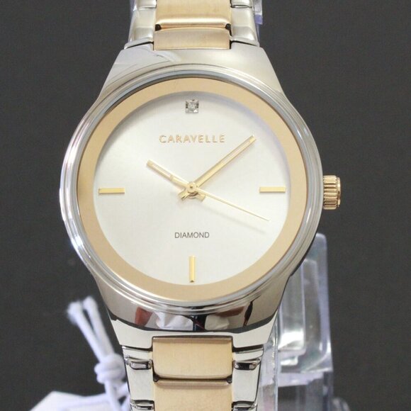 Caravelle Ladies Modern Design Watch By Bulova Diamond At 12 Silver - Gold Tone